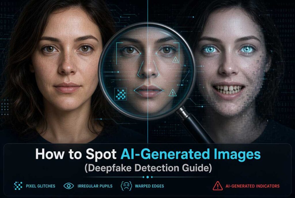 How to Spot AI-Generated Images: The Complete Deepfake Detection Guide How to Spot AI-Generated Images. Side-by-side comparison of real human skin texture versus AI-generated glazed skin texture