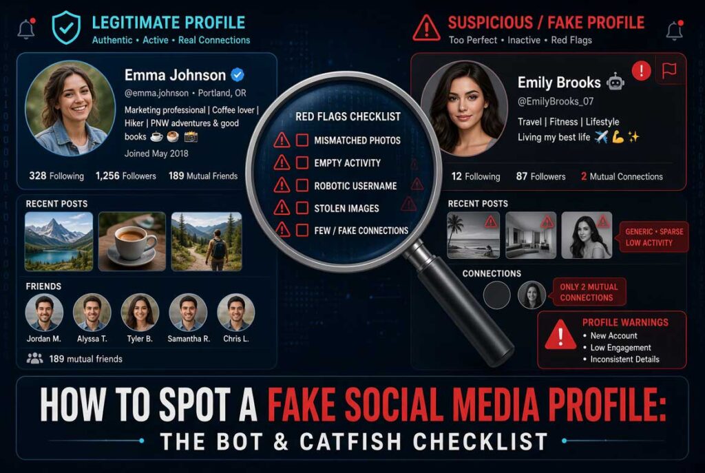 How to Spot a Fake Social Media Profile. Side-by-side comparison of a real social media profile versus a fake bot profile showing key differences