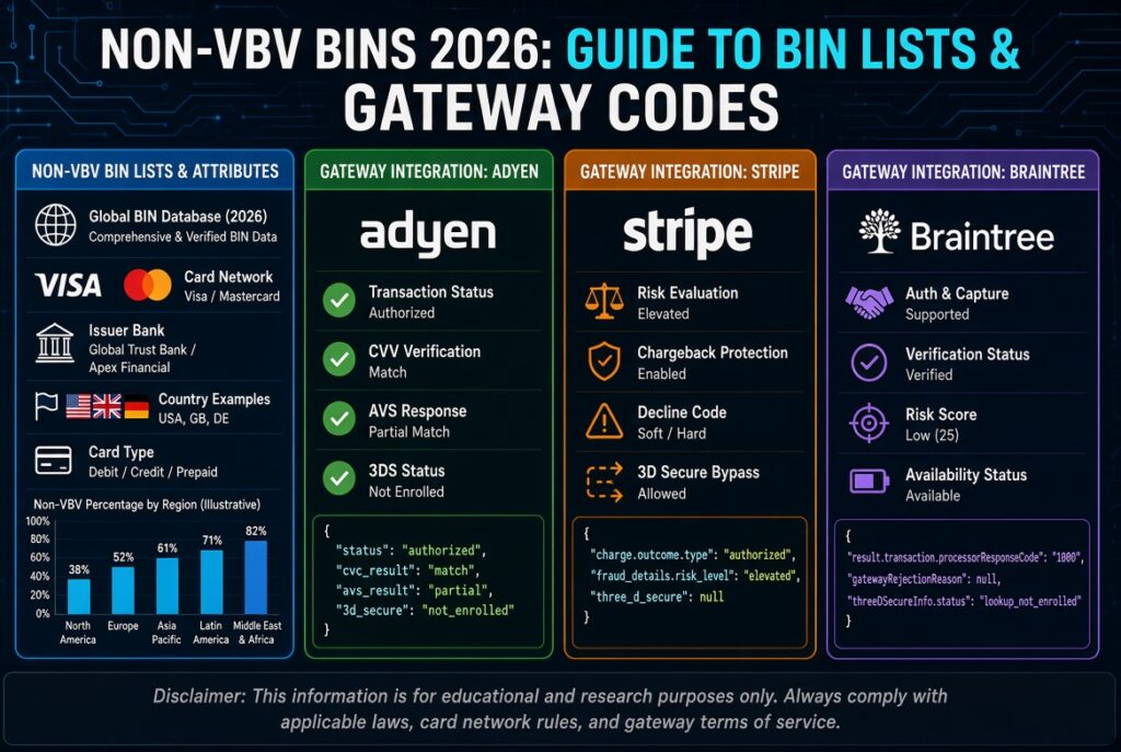 Non VBV BINs 2026 guide with credit cards and payment gateway logos