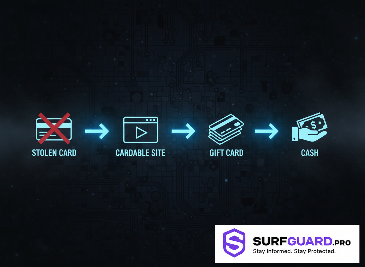 Flowchart explaining how cardable gift card sites convert stolen cards into cash